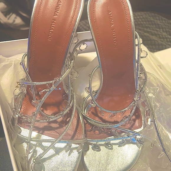 NEW AMINA MUADDI TINA LACEUP 105 SANDAL AM SILVER SS22 heels pumps crystals - Picture 7 of 7